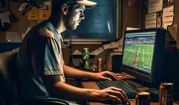 Young man in front of computer betting on sports