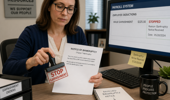 Processing a bankruptcy notice, the HR specialist halts a wage garnishment to ensure compliance and protect the employee’s rights.