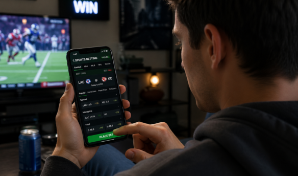 Young man placing a sports bet on his cell phone