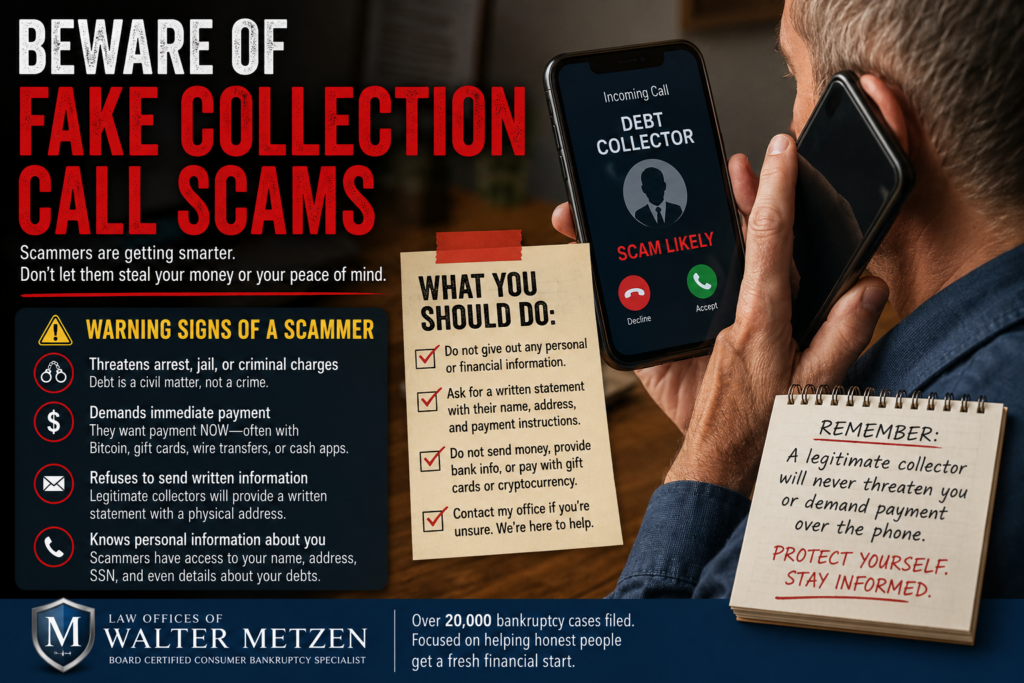 A worried consumer receives a threatening phone call from a fake debt collector while warning graphics highlight common scam tactics, including demands for immediate payment, threats of arrest, refusal to send written verification, and requests for Bitcoin, gift cards, or bank account information.