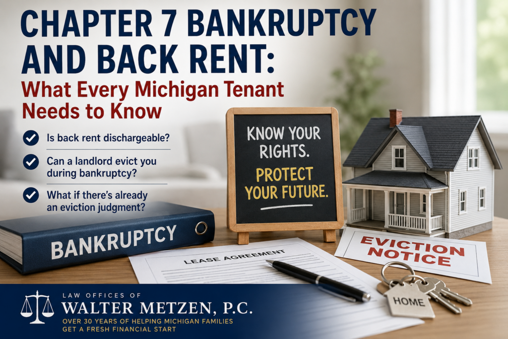 Chapter 7 bankruptcy and back rent illustration showing a lease agreement, eviction notice, house keys, and a rental home, explaining how bankruptcy affects unpaid rent, landlords, leases, and eviction proceedings in Michigan.