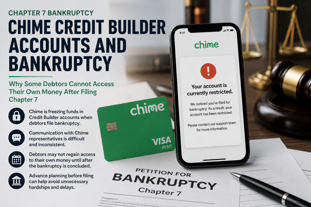 Smartphone displaying a restricted Chime Credit Builder account beside a Chapter 7 bankruptcy petition, gavel, and scales of justice, illustrating how some bankruptcy debtors experience frozen funds after filing Chapter 7 bankruptcy.