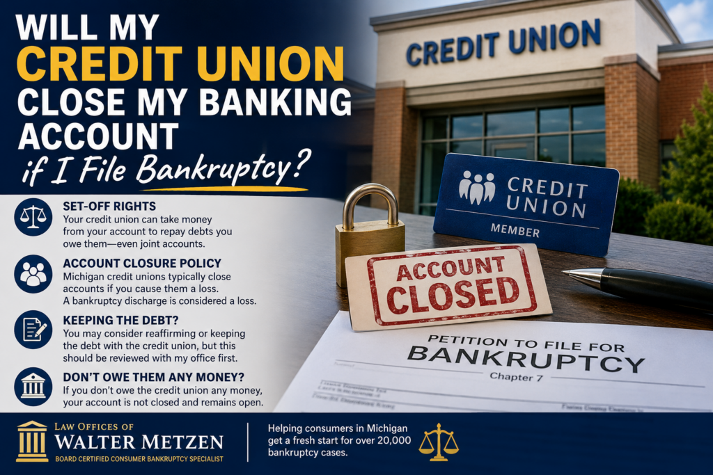 Credit union building with bankruptcy petition illustrating whether a credit union can close a member's bank account after filing Chapter 7 bankruptcy.