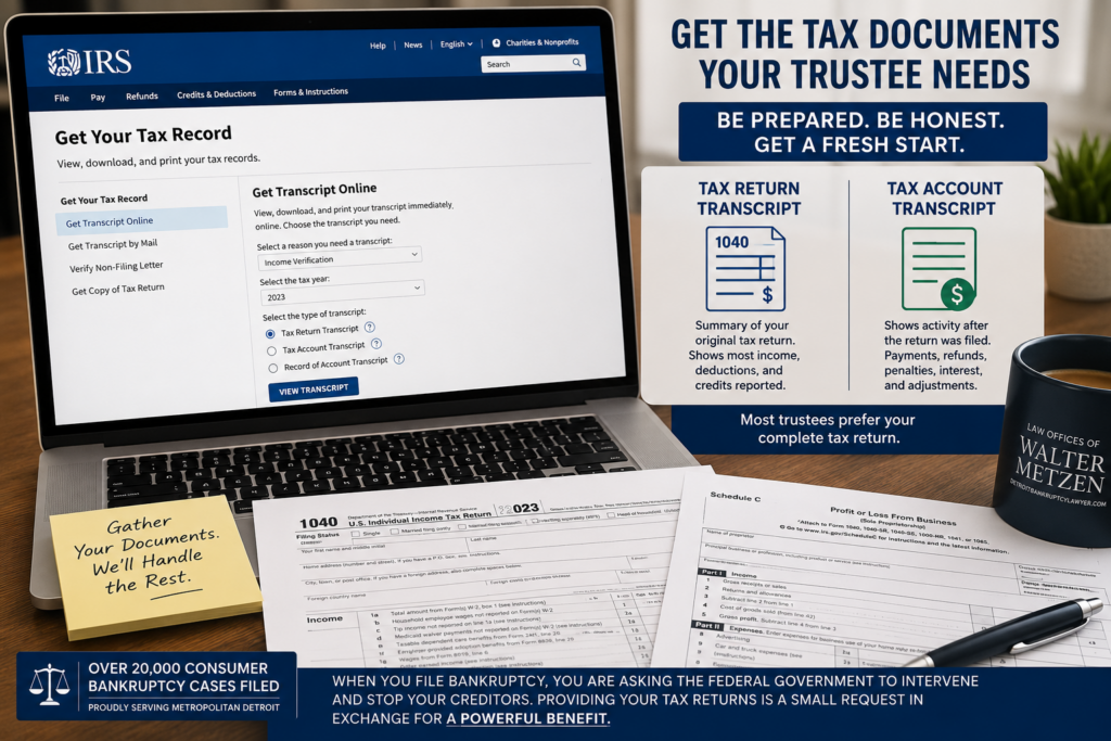 A laptop displaying the IRS "Get Your Tax Record" webpage sits beside a completed federal Form 1040 and tax documents on a professional office desk. An informational graphic compares a Tax Return Transcript with a Tax Account Transcript, illustrating the documents commonly requested by a Chapter 7 bankruptcy trustee before a bankruptcy discharge.