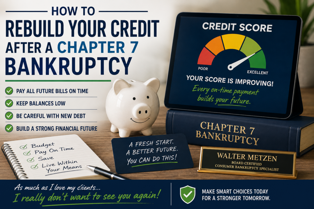 Illustration promoting credit rebuilding after Chapter 7 bankruptcy, featuring a rising credit score gauge, piggy bank, financial checklist, and Chapter 7 bankruptcy law book. The image emphasizes paying bills on time, using credit responsibly, and achieving a financial fresh start after bankruptcy
