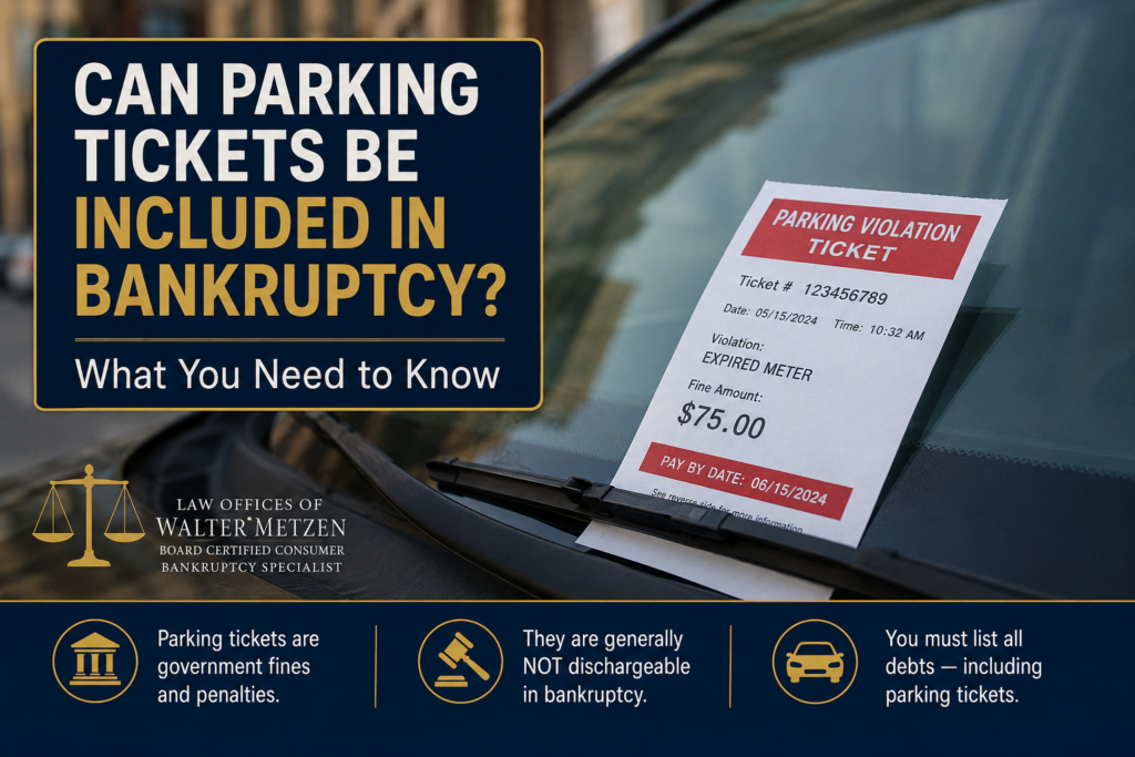 Unpaid parking ticket tucked under a vehicle windshield illustrating that parking tickets generally cannot be discharged in bankruptcy.